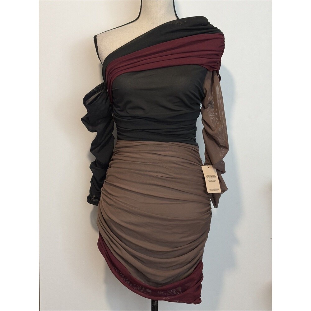 PLT Label Oxblood Bandage Mesh Panel Ruched Asymmetrical Bodycon Dress Size 6